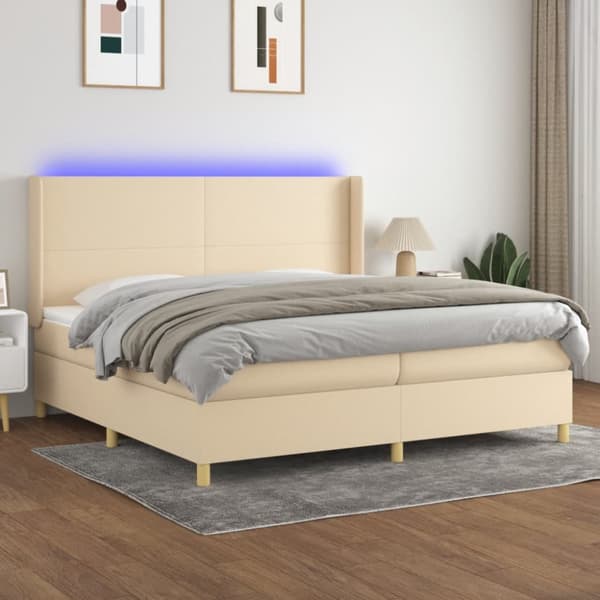 Ramsäng med madrass & LED gräddvit 200x200 cm tyg