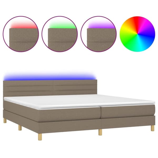 Ramsäng med madrass & LED taupe 200x200 cm tyg