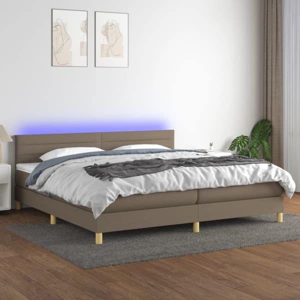 Ramsäng med madrass & LED taupe 200x200 cm tyg