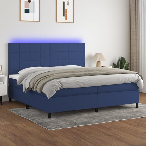 Ramsäng med madrass & LED blå 200x200 cm tyg