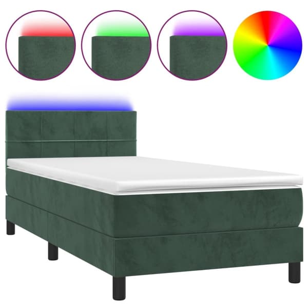 Ramsäng med madrass & LED mörkgrön 100x200 cm sammet