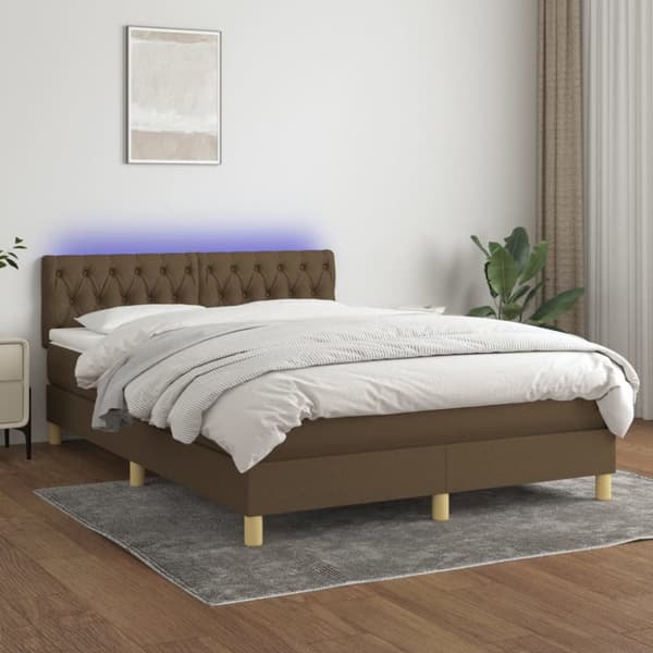 Ramsäng med madrass & LED mörkbrun 140x200 cm tyg