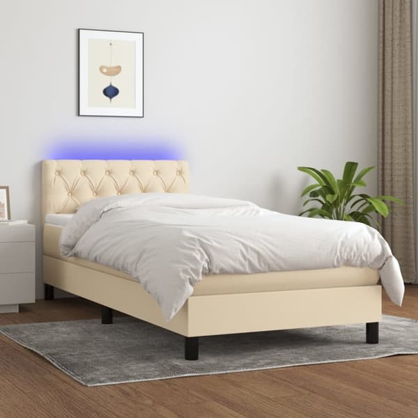Ramsäng med madrass & LED gräddvit 80x200 cm tyg