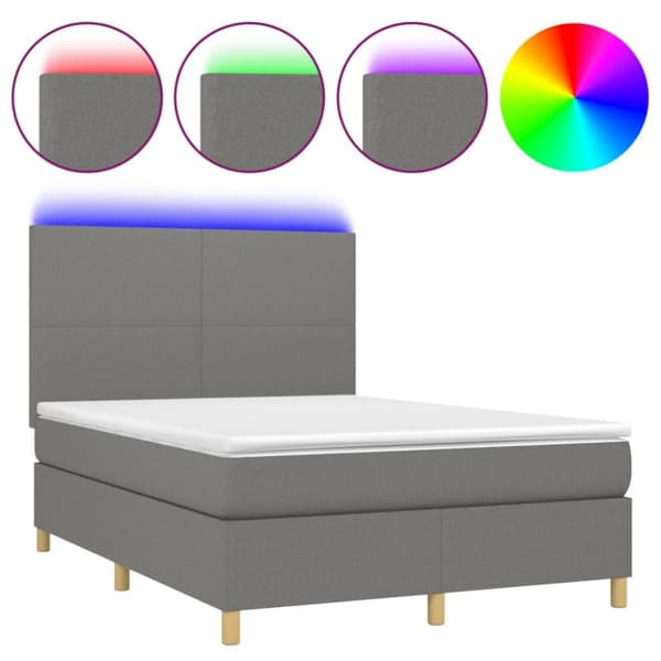 Ramsäng med madrass & LED mörkgrå 140x190 cm tyg