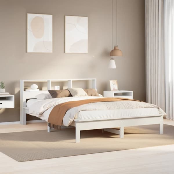 Säng med bokhylla utan madrass vit 120x200 cm massiv furu