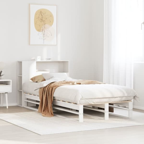 Säng med bokhylla utan madrass vit 75x190 cm massiv trä