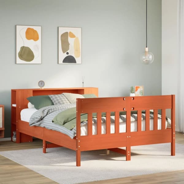Säng med bokhylla utan madrass vaxbrun 140x190cm massiv furu