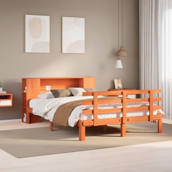 Säng med bokhylla utan madrass vaxbrun 140x190cm massiv furu