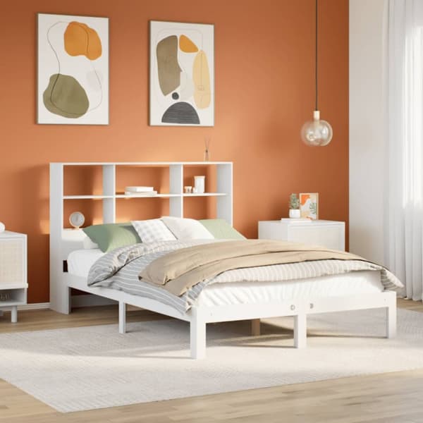 Säng med bokhylla utan madrass vit 140x200cm massiv furu