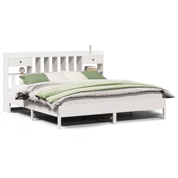 Säng med bokhylla utan madrass vit 200x200cm massiv furu
