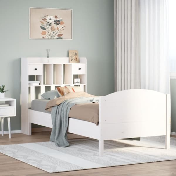Säng med bokhylla utan madrass vit 100x200cm massiv furu