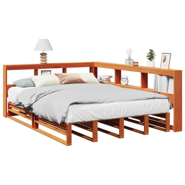 Säng med bokhylla utan madrass vaxbrun 150x200cm massiv furu