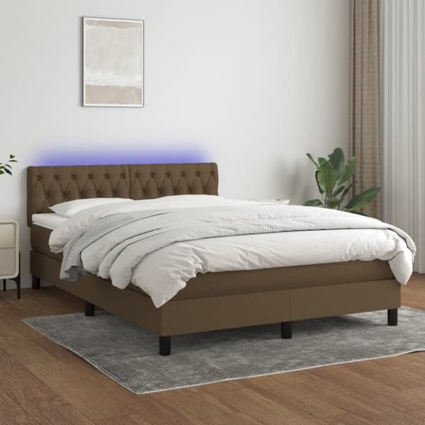 Ramsäng med madrass & LED mörkbrun 140x200 cm tyg