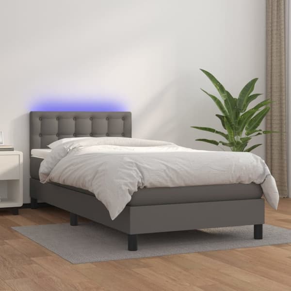 Ramsäng med madrass & LED grå 100x200 cm konstläder