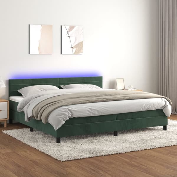 Ramsäng med madrass & LED mörkgrön 200x200 cm sammet