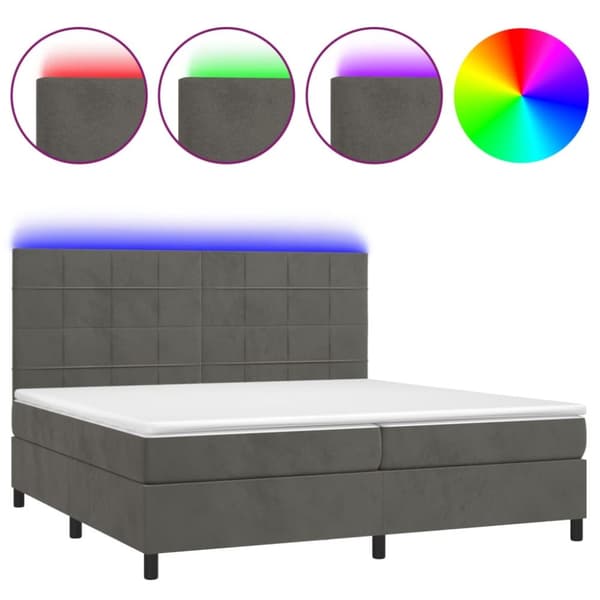Ramsäng med madrass & LED mörkgrå 200x200 cm sammet