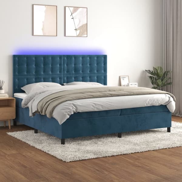 Ramsäng med madrass & LED mörkblå 200x200 cm sammet