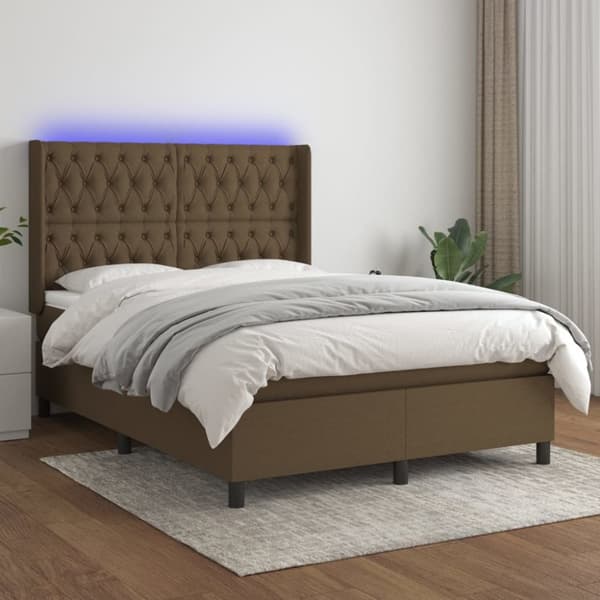 Ramsäng med madrass & LED mörkbrun 140x200 cm tyg