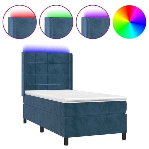 Ramsäng med madrass & LED mörkblå 90x190 cm sammet