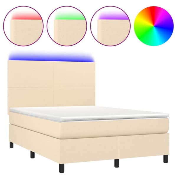 Ramsäng med madrass & LED gräddvit 140x190 cm tyg