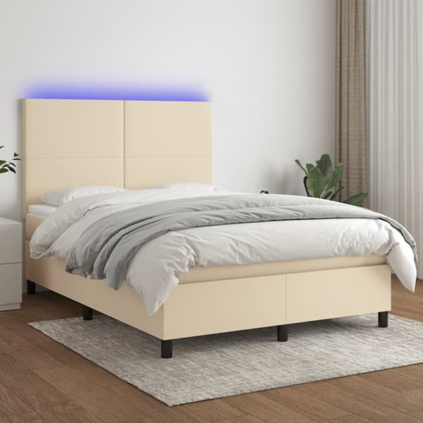 Ramsäng med madrass & LED gräddvit 140x190 cm tyg