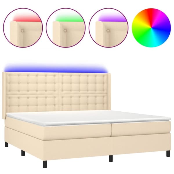 Ramsäng med madrass & LED gräddvit 200x200 cm tyg