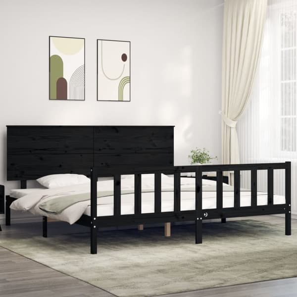 Sängram med huvudgavel svart 200x200 cm massivt trä