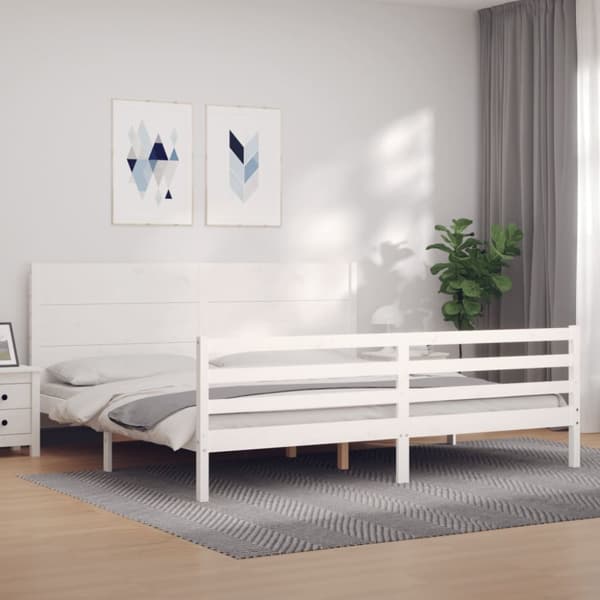 Sängram med huvudgavel vit 200x200 cm massivt trä