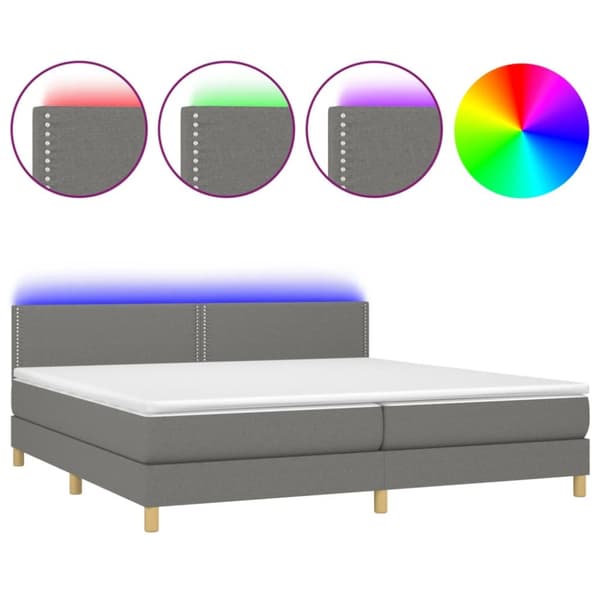 Ramsäng med madrass & LED mörkgrå 200x200 cm tyg