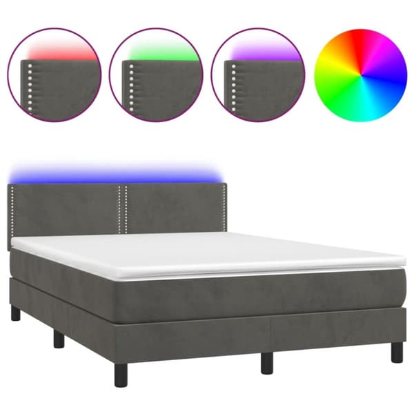 Ramsäng med madrass & LED mörkgrå 140x190 cm sammet