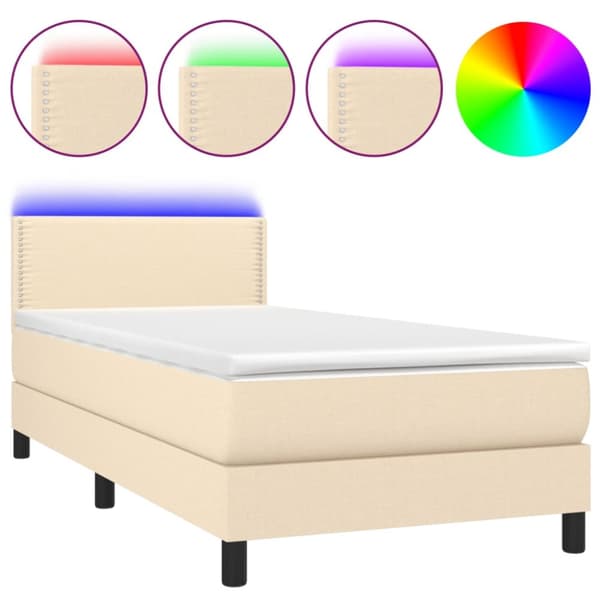 Ramsäng med madrass & LED gräddvit 90x190 cm tyg