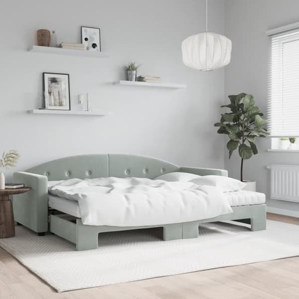 Dagbädd utdragbar med madrasser ljusgrå 80x200 cm sammet