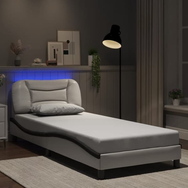 Sängram med LED-belysning vit och svart 90x200 cm konstläder
