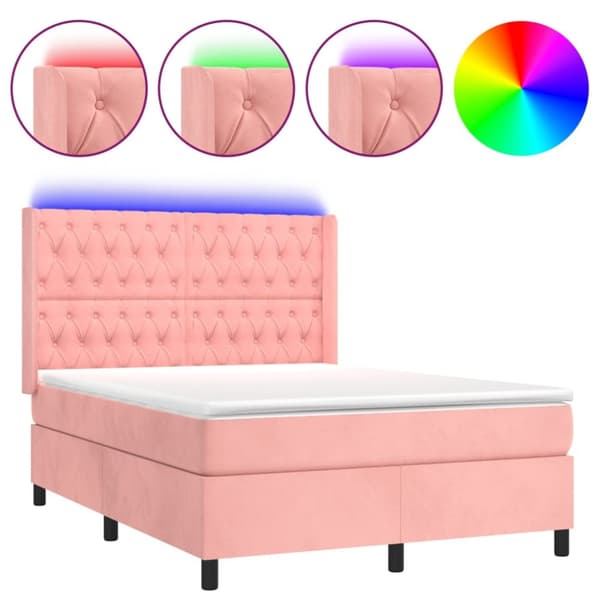 Ramsäng med madrass rosa & LED 140x190 cm sammet