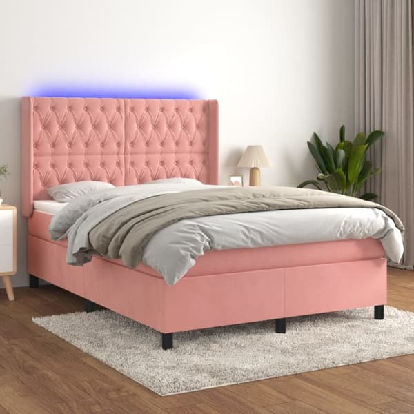 Ramsäng med madrass rosa & LED 140x190 cm sammet