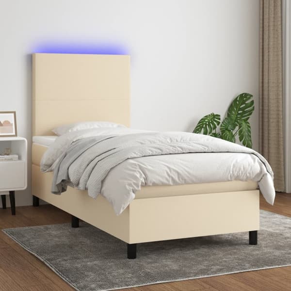 Ramsäng med madrass & LED gräddvit 100x200 cm tyg