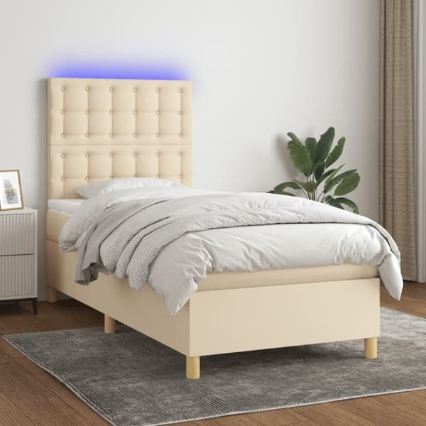 Ramsäng med madrass & LED gräddvit 100x200 cm tyg