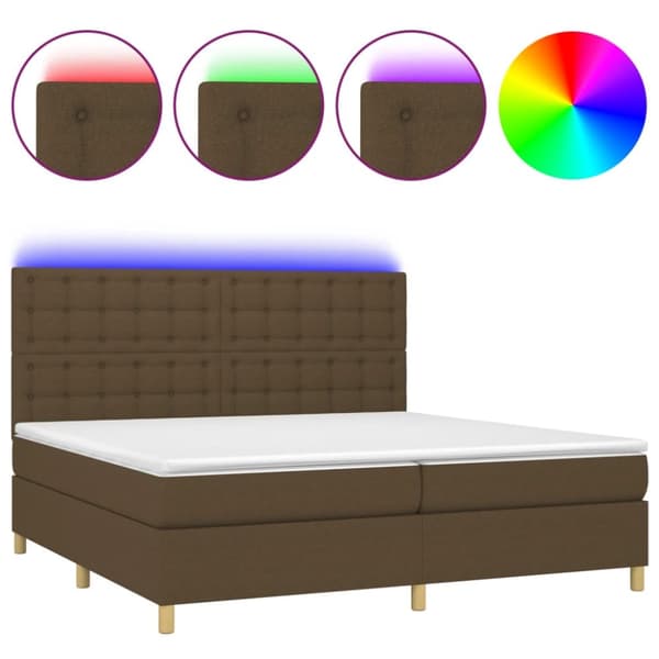 Ramsäng med madrass & LED mörkbrun 200x200 cm tyg