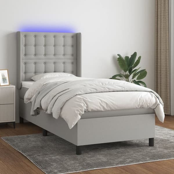 Ramsäng med madrass & LED ljusgrå 90x200 cm tyg