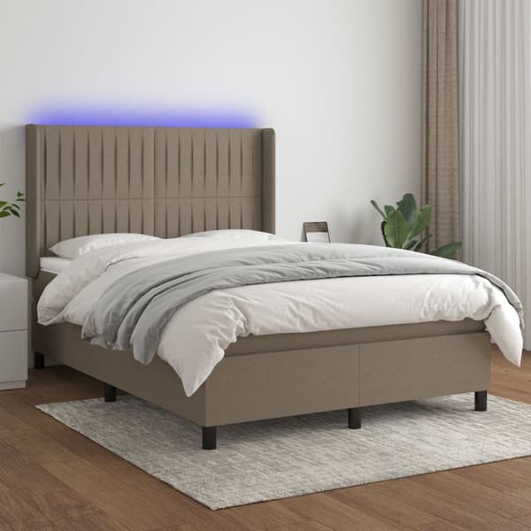 Ramsäng med madrass & LED taupe 140x190 cm tyg