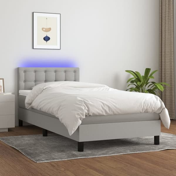 Ramsäng med madrass & LED ljusgrå 90x190 cm tyg