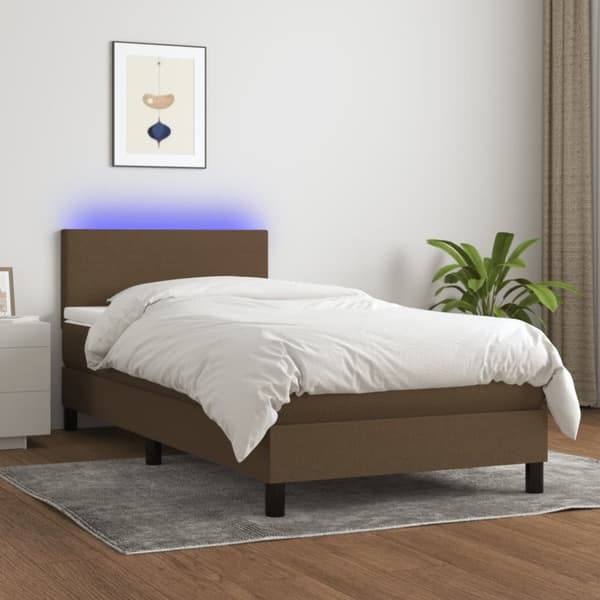 Ramsäng med madrass & LED mörkbrun 100x200 cm tyg