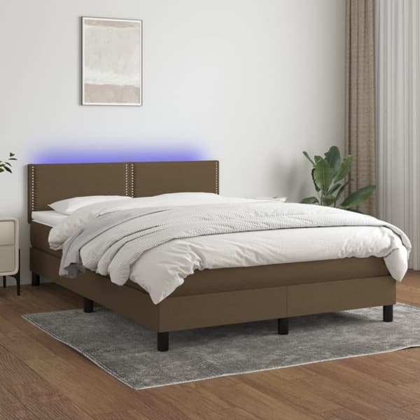 Ramsäng med madrass & LED mörkbrun 140x200 cm tyg