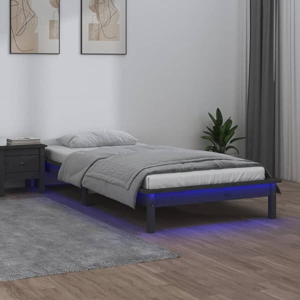 Sängram LED grå 100x200 cm massivt trä