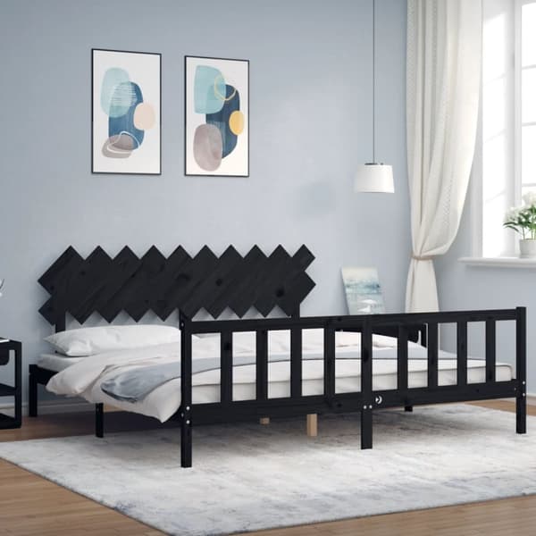 Sängram med huvudgavel svart 200x200 cm massivt trä