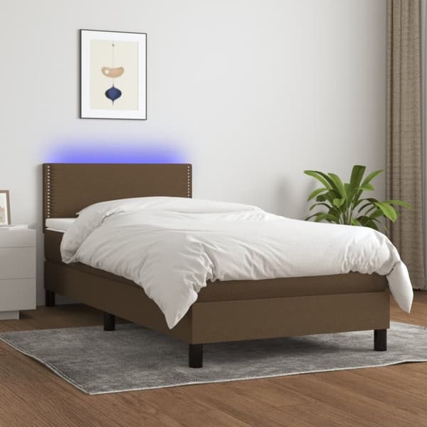Ramsäng med madrass & LED mörkbrun 90x190 cm tyg