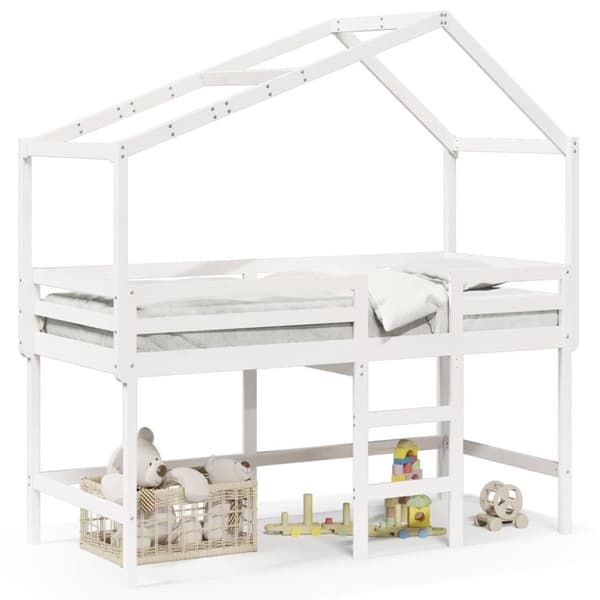 Våningssäng med stege och tak vit 90x190 cm massiv furu