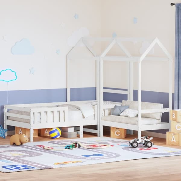 Sängram med bänk och tak vit 80x200 cm massiv furu