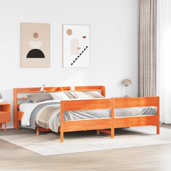 Sängram utan madrass vaxbrun 200x200 cm massiv furu