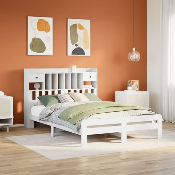 Säng med bokhylla utan madrass vit 140x190cm massiv furu